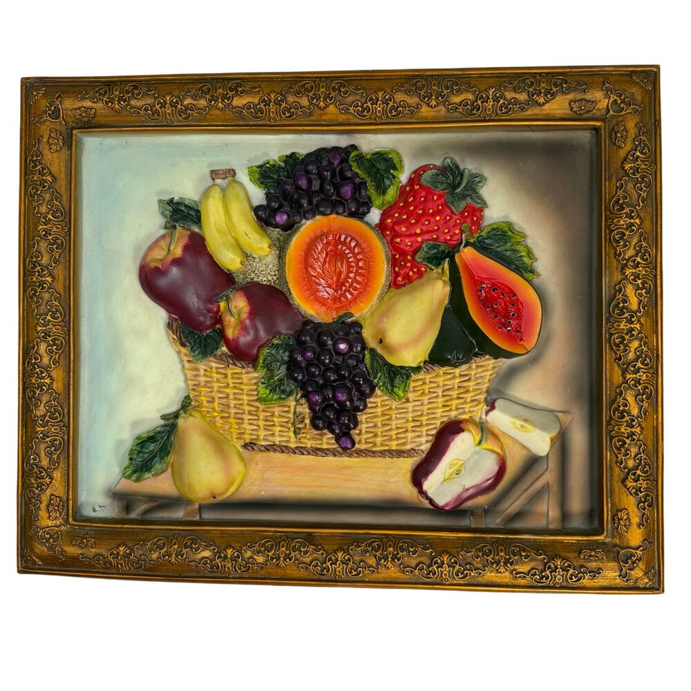 Vintage 70s 3D Fruit Gold Frame Wall Art Textured Raised Heavy